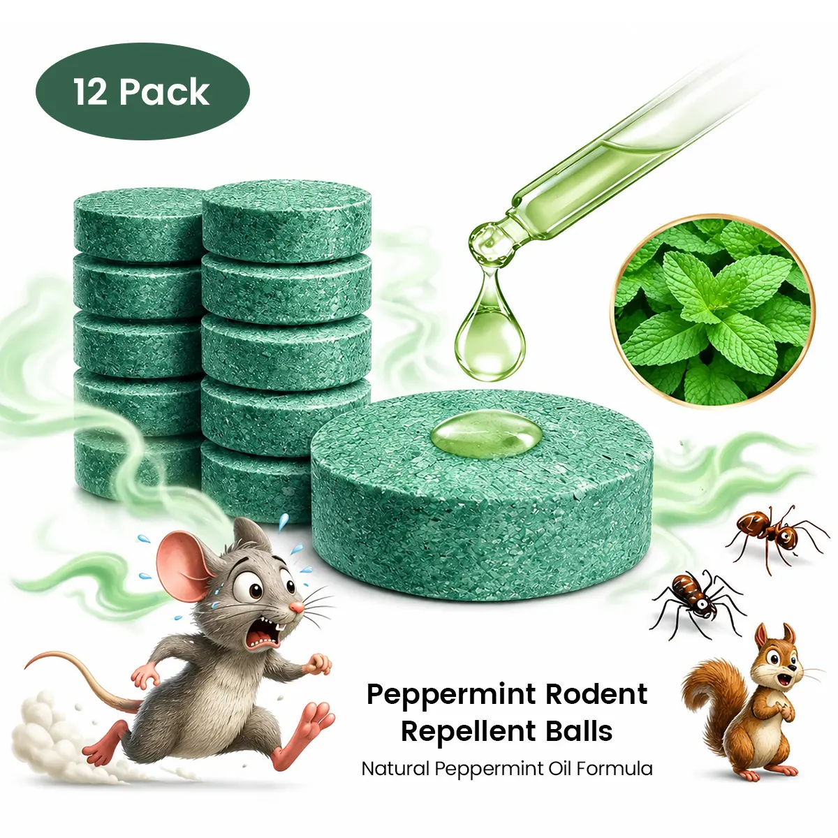 Pesticide-Free 100% Natural Peppermint Oil Mouse & Pest Repellent Balls (12 Pack), Pet Friendly, Safe Rodent Deterrent for Indoor, Outdoor, Home & Garage,
