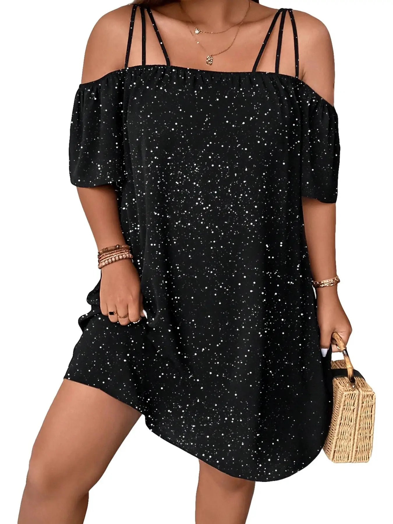 Plus Size Shimmering Print Off-Shoulder Halter Dress, Elegant Chic Evening Gown, Perfect for Parties & Special Occasions, Women's Fashion