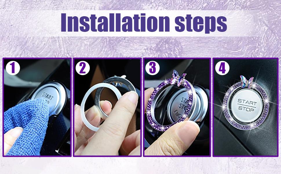 4PCS Bling Car Engine Start Stop Decoration Ring, Crystal Rhinestone Auto Push Start Button Ignition Ring Sticker, Vehicle Decor Accessories for Women Girls, Universal for Vehicles (Dark Blue)