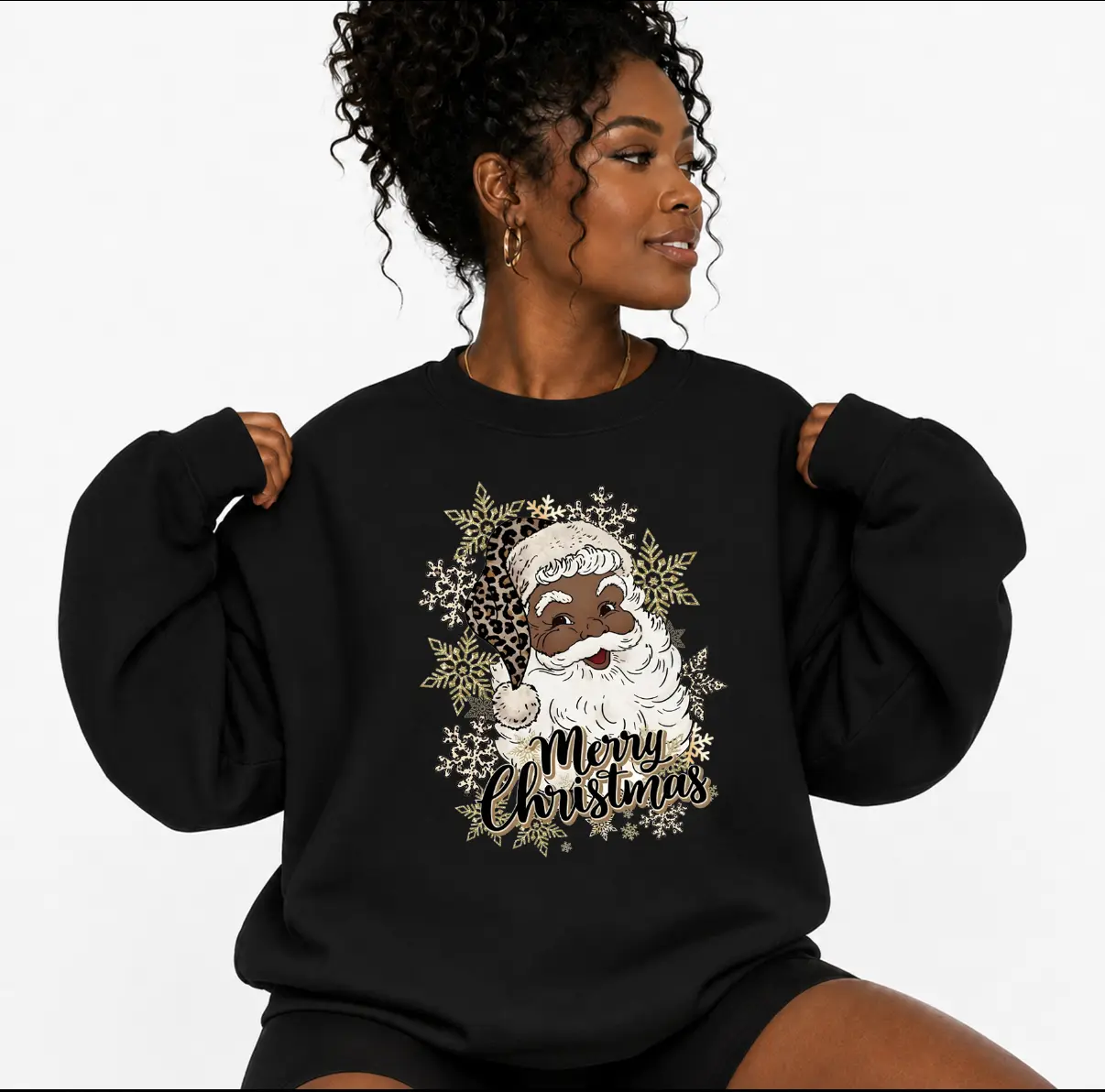 Leopard Black Santa Christmas Cozy Crewneck Sweatshirt, African American Santa Shirt, Christmas Cute Black Santa Gifts