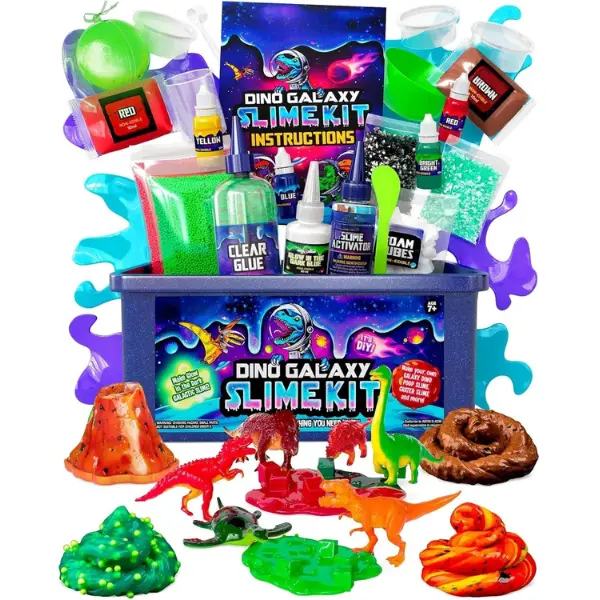 Summer Spring Gift Dinosaur Galaxy Slime Kit for Boys Ages 7-12, DIY Glow-in-The-Dark Slime Set with Glitter & Dinosaur Toys, Fun Space-Themed Craft Activity, Birthday Gift for Kids