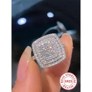 Sterling silver square shaped artificial diamond ring, elegant engagement ring, party luxury jewelry, daily clothing decoration, stylish full accessory and fine jewelry, suitable for gifts, suitable for women