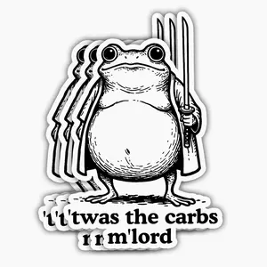 Medieval Frog Vinyl Sticker - Funny Toad Meme Decal with Sword & Carbs Theme, Handheld Device Accessory for Laptops, Water Bottles, UV5 Office Stationery
