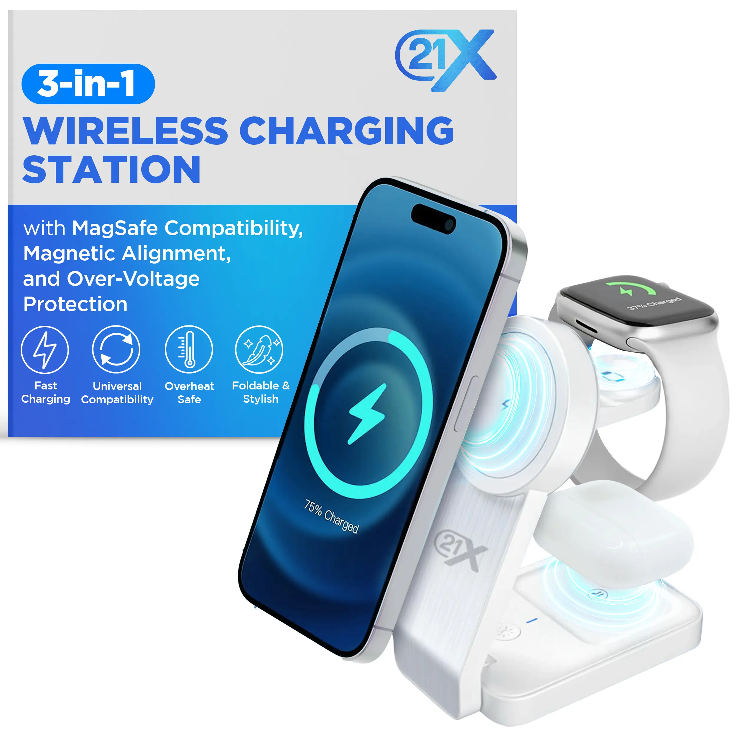 21X 3-in-1 Magnetic Wireless Charging Dock Station for iPhone Apple Watch & AirPods Foldable QC 3.0 18W Fast Charger with LED Indicators & Safety Features