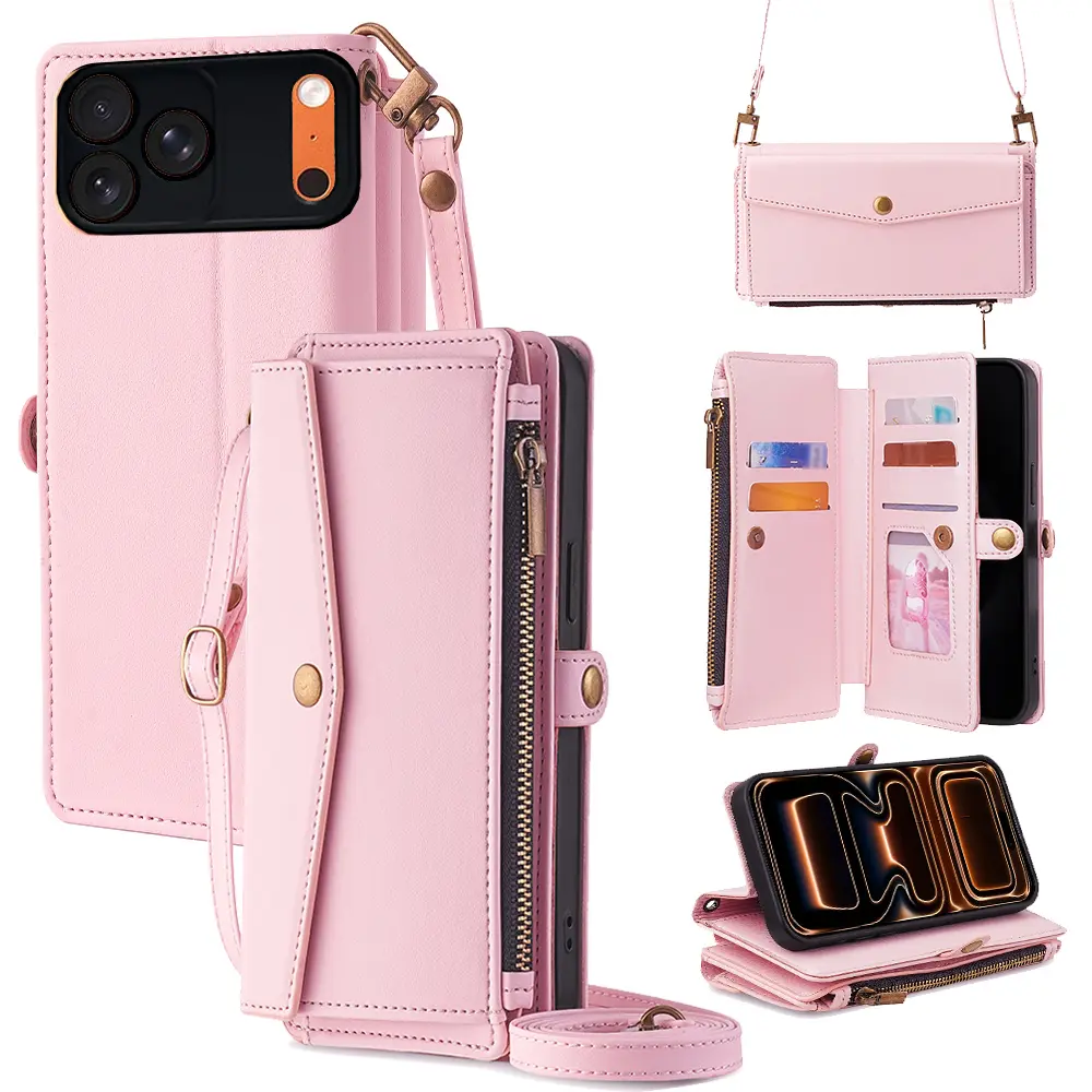 1 PC Multi-Function Leather Adjustable Zipper Wallet Phone Case - Foldable Metal Cover, Shockproof Protection, Side Snap Button, Card Slots, Detachable Crossbody Lanyard - Accessories for iPhone 17 ProMax,16,15,14,13,12 - Handheld Birthday/Holiday Gift, K
