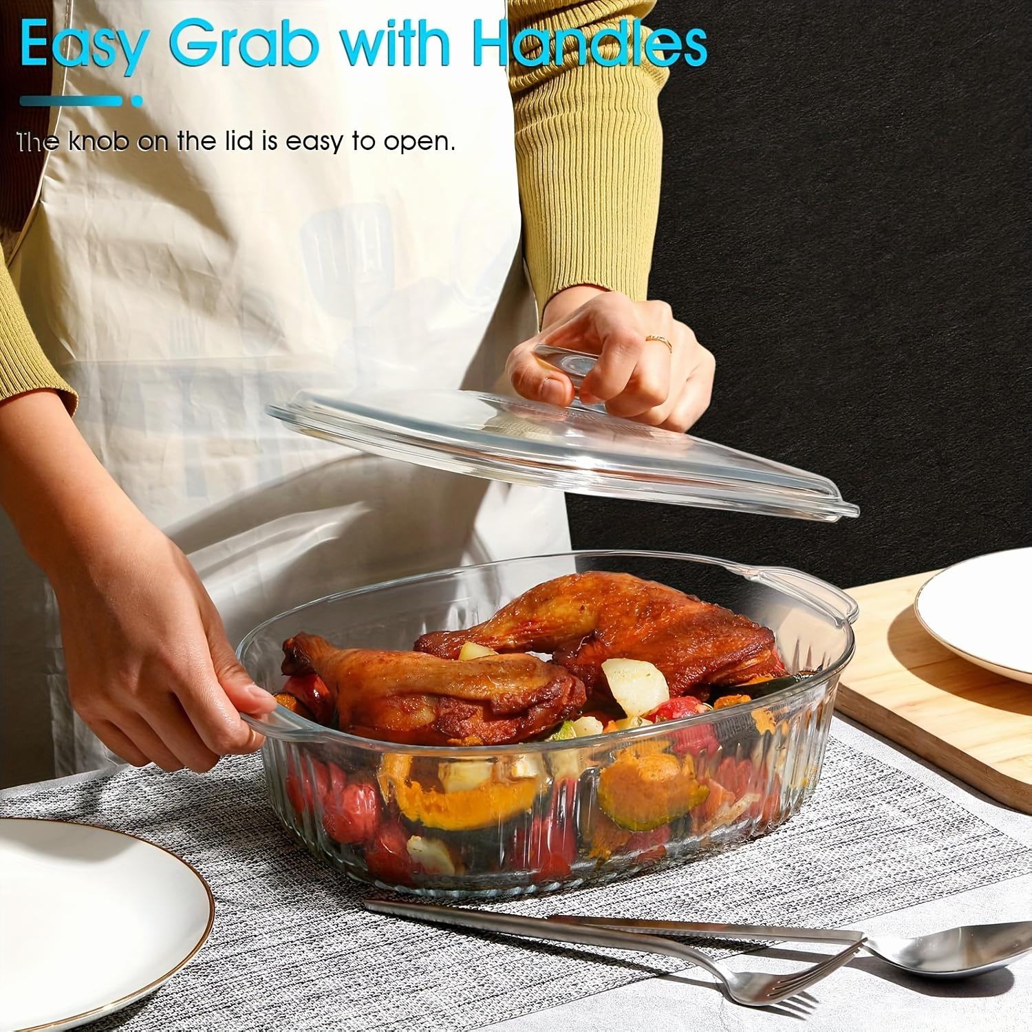 Elegant Glass Casseroles with Lids Set, Ribbed Oval Roaster, Transparent Covered Cookware, Versatile Deep Glass Food Containers, 50oz & 85oz, for Baking, Cooking, Oven & Microwave Safe, with Ideal for Desserts, Chicken, Pasta, for Holidays