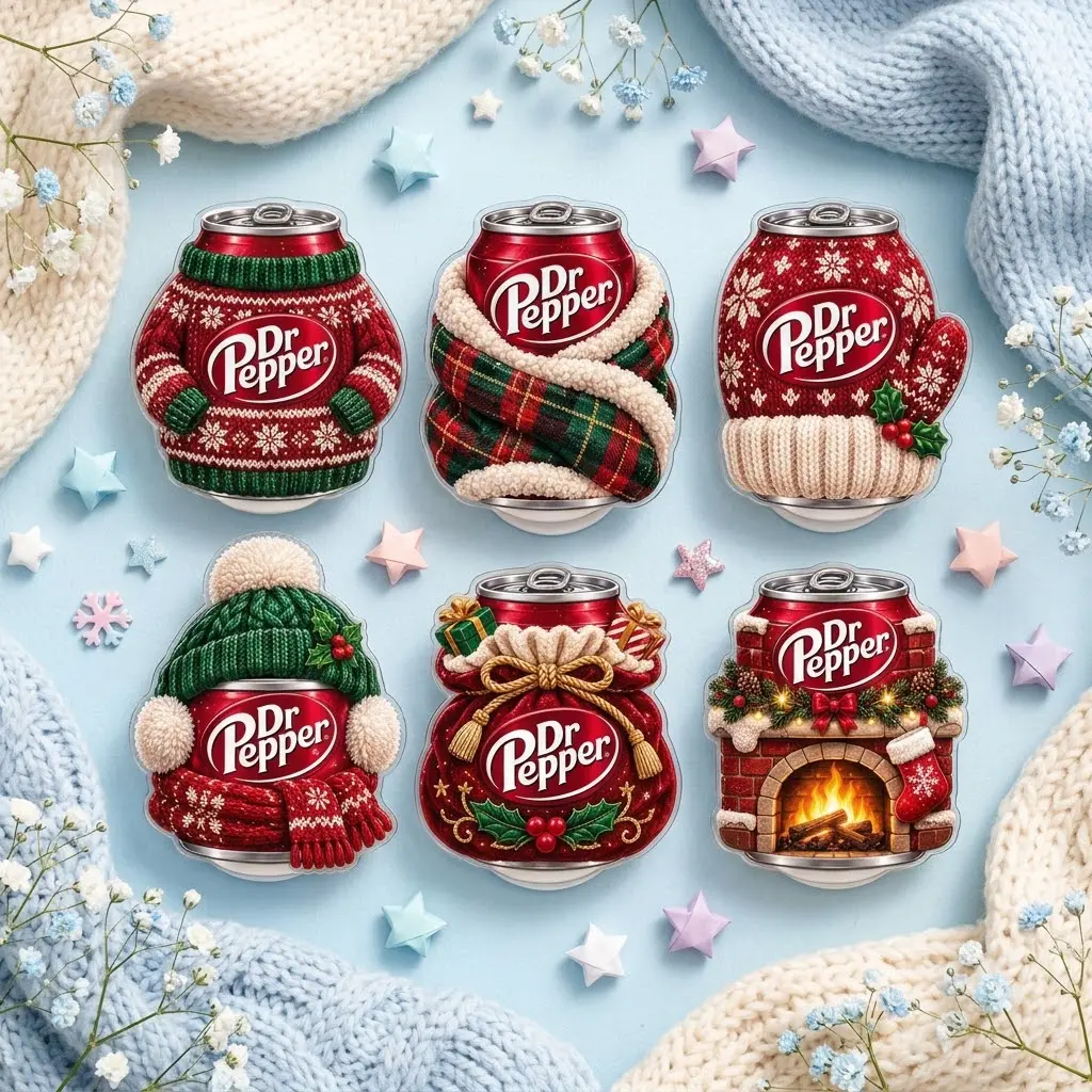 Dr Pepper Cozy Christmas Acrylic Phone Grip Set, Holiday Sweater Scarf Beanie Fireplace Soda Phone Holder, Festive Winter Gift for Dr Pepper Lovers