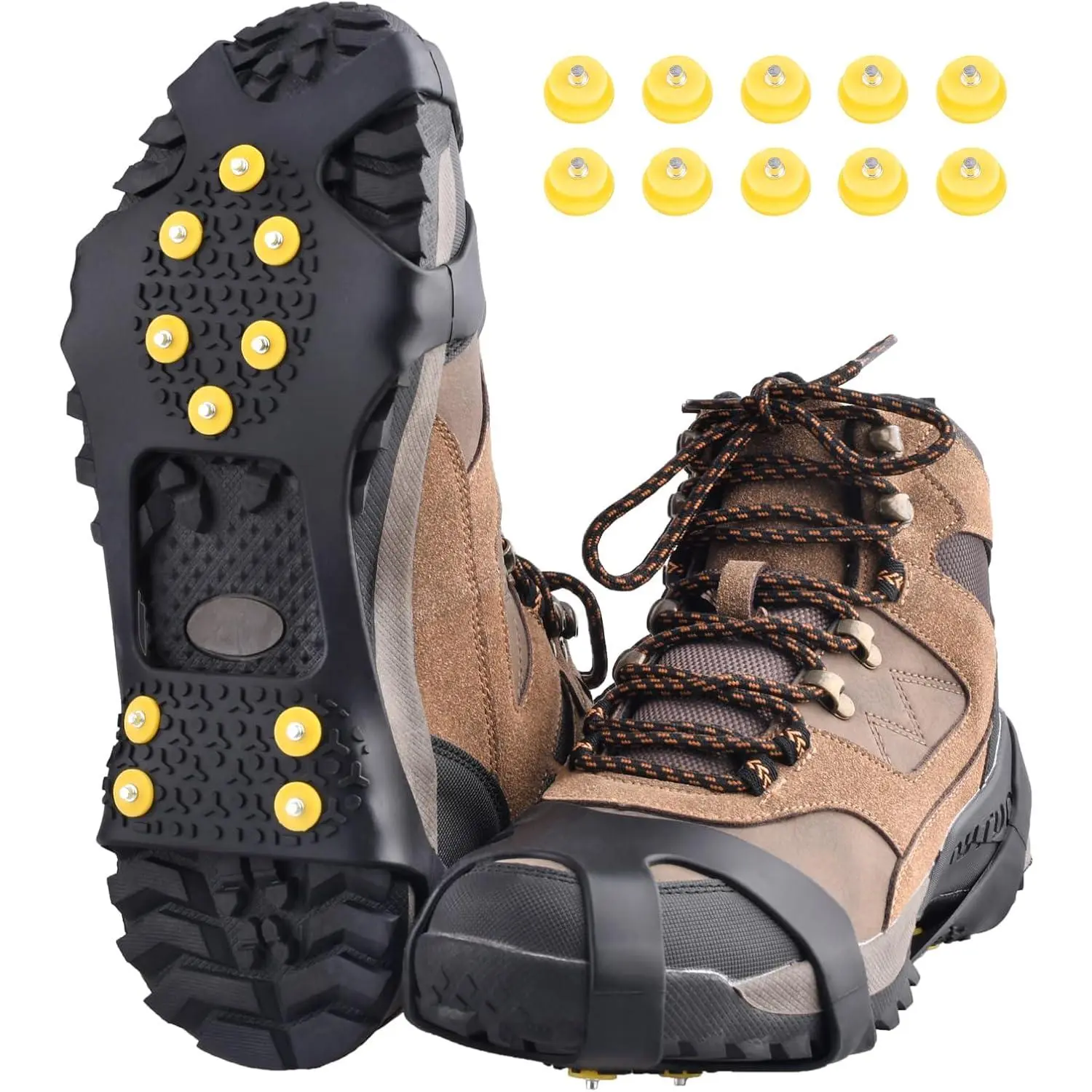 Adults' Compact TPE Steel 10-Stud Anti-Slip Ice Cleats for Shoes & Boots, Snow Crampons Traction Gear for Hiking, Ice Fishing, Hunting, Stretch-On