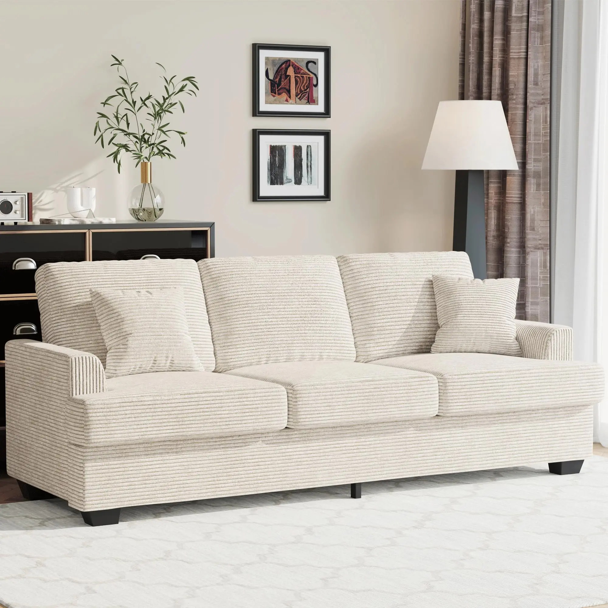Garvee Modern 86" Corduroy Sofa with 2 Throw Pillows, Deep Seat Couch Featuring Upholstered Cushion & Removable Cover, Comfortable Corduroy Sofa Couch Perfect for Small Space Apartment Lounge in Beige