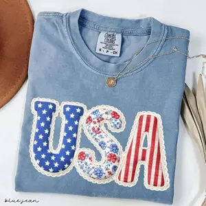 (FAUX PATCHWORK-PRINT) Comfort Colors USA 250th Anniversary Shirt, Faux Patchwork Flag Tee, Digital Print Patriotic Shirt, Vintage America Graphic T-Shirt, 4th of July Independence Day Shirt, American Pride Tee - HARSIN