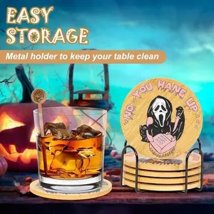 6 Piece Coaster Set with Various Designs, Unique Round Coasters for Party Decoration, Perfect for Coffee Table, Kitchen Display and Home, Wooden Coasters