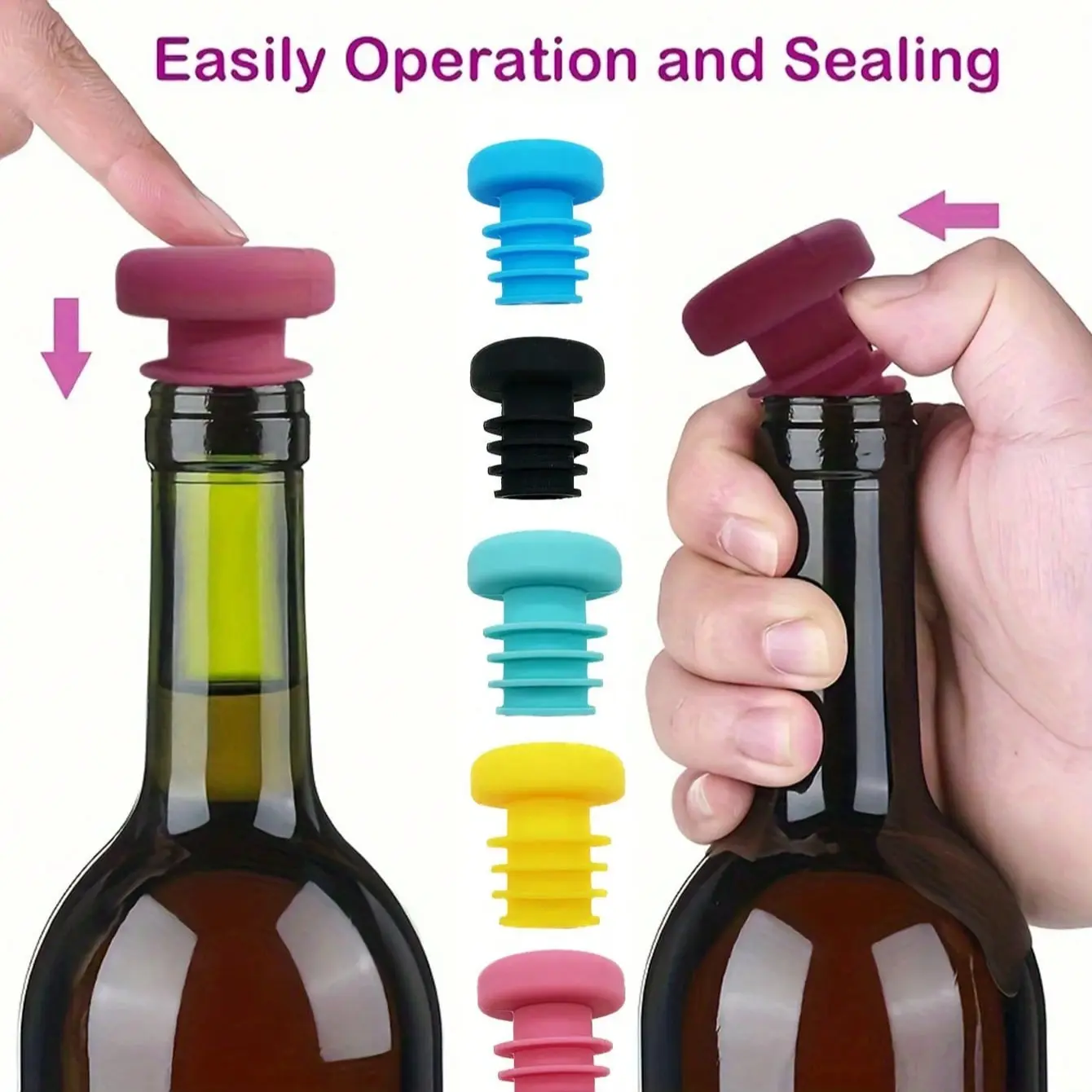 Reusable Silicone Wine Bottle Stoppers, Bottle Closure, Home Bar Accessories, Beverage, Easy to Use, Fits Wine Beer Champagne Bottles, Dishwasher Safe, Keeps Liquor Fresh, Set of 5