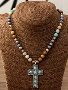 1 Bohemian-style Natural Stone Beaded Cross Pendant Necklace; Vintage Women's Necklace; Casual, Versatile Necklace for Parties and Vacations; Boho Style Jewelry