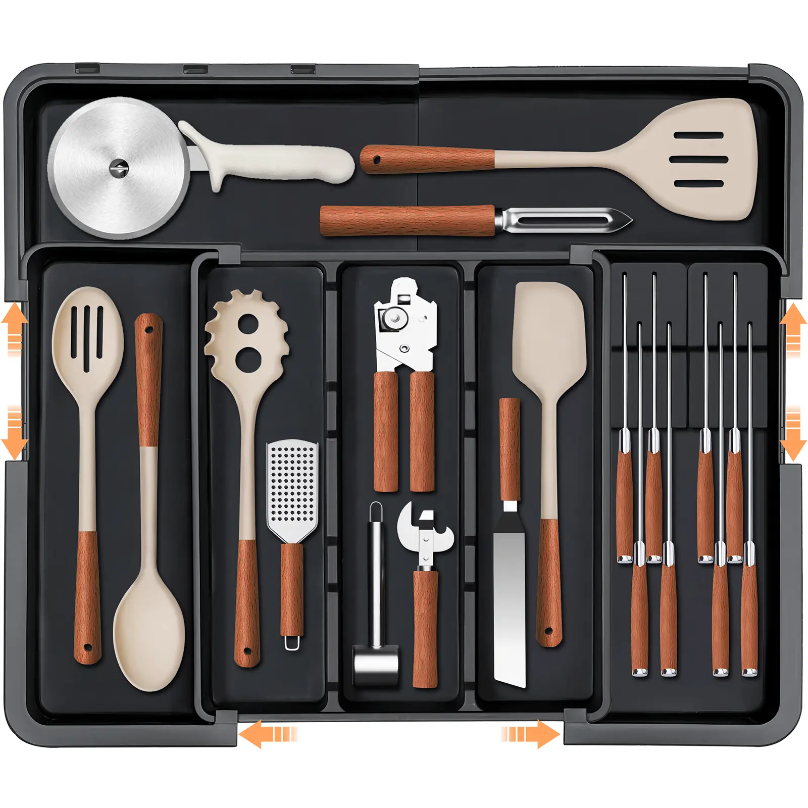【SUHOPE】Summer Super Deal Utensil Organizer for Kitchen Drawer, Expandable Silverware Organizer with Removable Knife Block, Large Cooking Utensils Tray 22"x 19" Cutlery Flatware Holder, Kitchen Gadgets Storage, Black