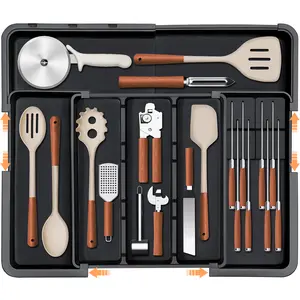 【SUHOPE】【Home Essentials Deal】Utensil Organizer for Kitchen Drawer, Expandable Silverware Organizer with Removable Knife Block, Large Cooking Utensils Tray 22"x 19" Cutlery Flatware Holder, Kitchen Gadgets Storage, Black