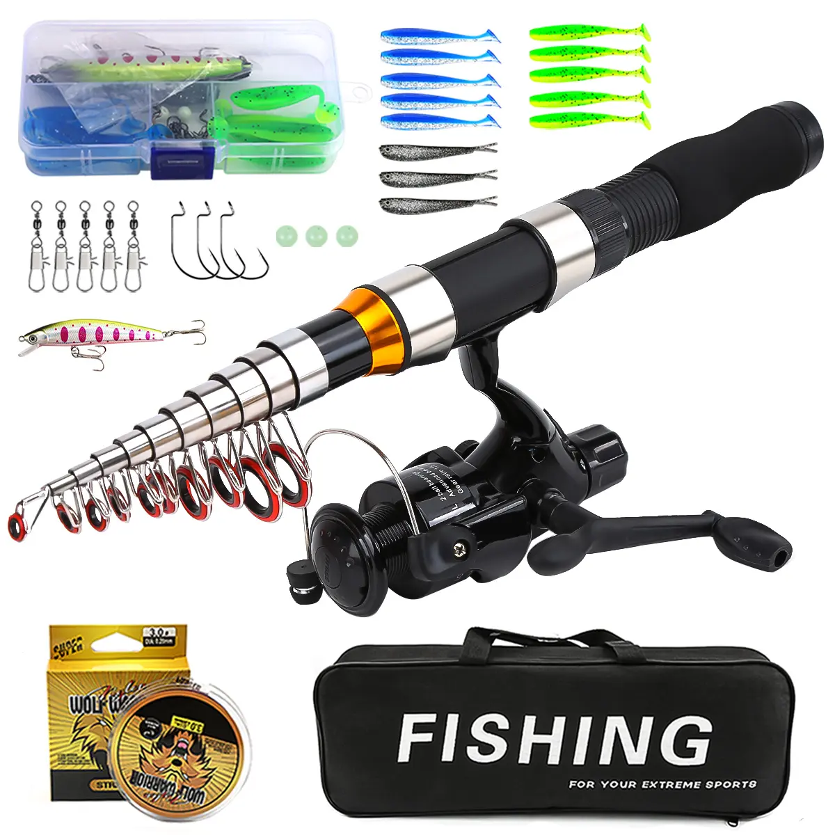 Glass Fiber Fishing Rod Set, Fishing Rod Combo, Fishing Gear Set, Fishing Tackle, Fishing Rods and Reels, Durable and Portable, Includes Reel, Lures, Hooks, Ideal for Lakes, Rivers, Oceans, Beginners & Advanced Users
