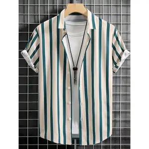 Men's striped printed short sleeved shirt, summer regular fit casual fashion striped border collar top, men's daily clothing, tropical, men's clothingRAIMENTRY