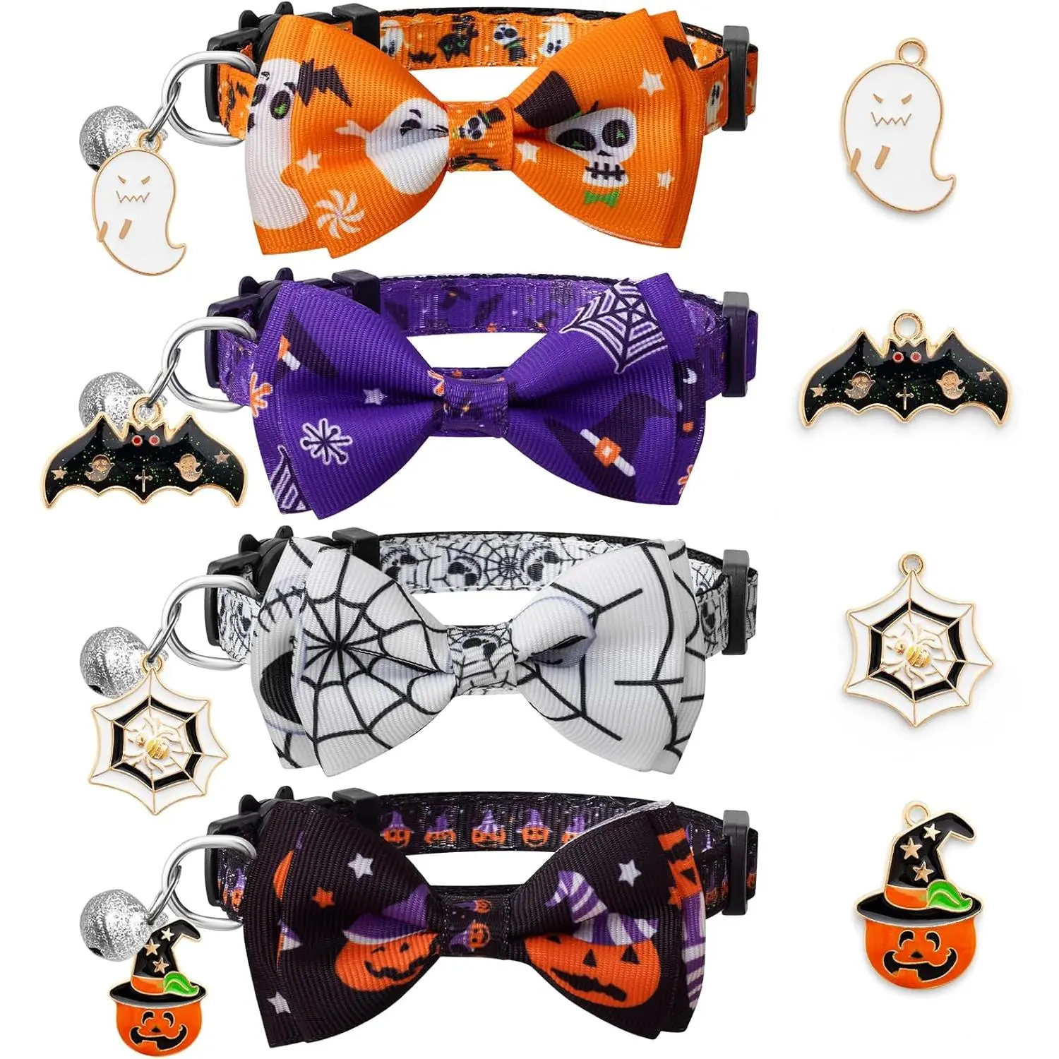 4-Piece Halloween Cat Collar Set - Detachable Bow Tie, Frosted Bell, 7-12 in Adjustable, Lightweight Fabrics, Breakaway Safety Buckle, Festive Pet Accessories for Cat's Halloween Look