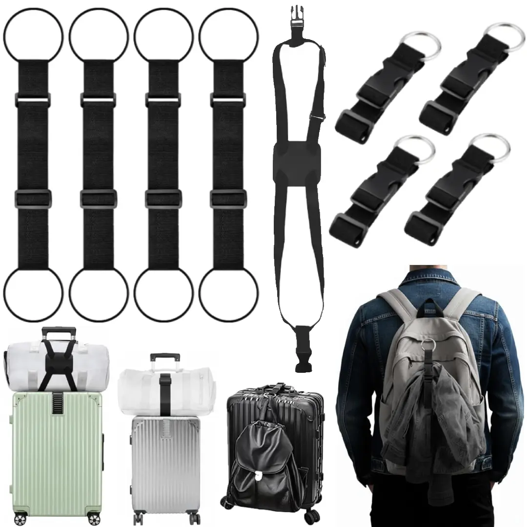 Adjustable Luggage Straps for Suitcases 3 PCS Connect Suitcases | Connect up to 3 suitcases and carry-on with elastic rope, sturdy 600D polyester straps with a buckle a bottle clip