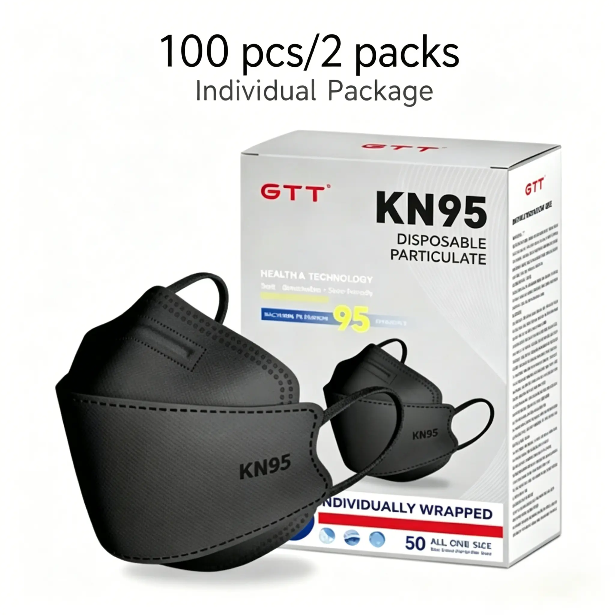 GTT Black KN95 Protective Disposable Particulate Face Masks, 100-Pack Individually Wrapped 4-Layer 3D Fish Shape Earloop Masks for Adults - Casual, Lightweight, Business, Ergonomic Home Care Dust Covers