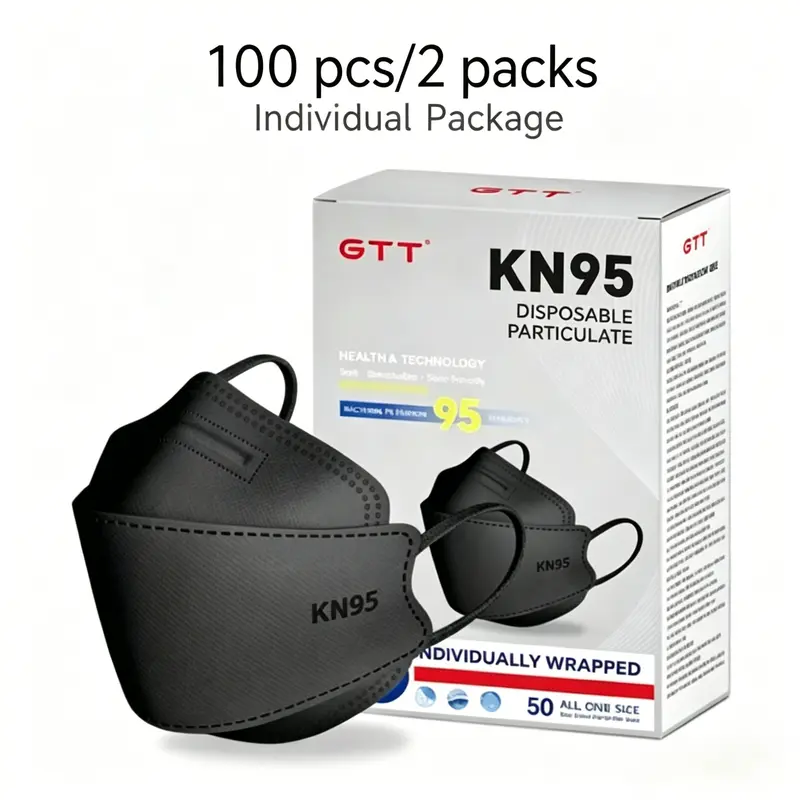 GTT Black KN95 Protective Masks, 100-Pack Individually Wrapped Hygienic Packaging Ear Loop - 4-Layer Non-Woven Filters, 3D Fish Shape, Leak-Proof, Portable, Single-Use for Daily Adults - Lightweight, Ergonomic (2-Pack Option for Crowded Shopping Malls)