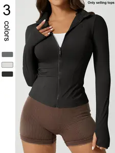 Women's Solid Zip Up Thumb Hole Design Sports Jacket, Running Jackets, Sports Long Sleeve Outerwear for Gym Workout Running, Ladies Sportswear for All Seasons, Womenswear, Coats, Activewear, Athletic, Sports Clothes, Fitted