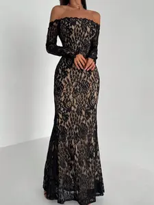Women's New Sexy Lace Off-Shoulder Romantic Slimming Long Sleeve Mermaid Dress, Perfect for Dating and Parties, Elegant Evening Gown