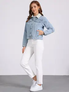 INSPIRE CHIC Women's Fleece Lined Denim Jacket Warm Faux Fur Short Trucker Jean Jackets