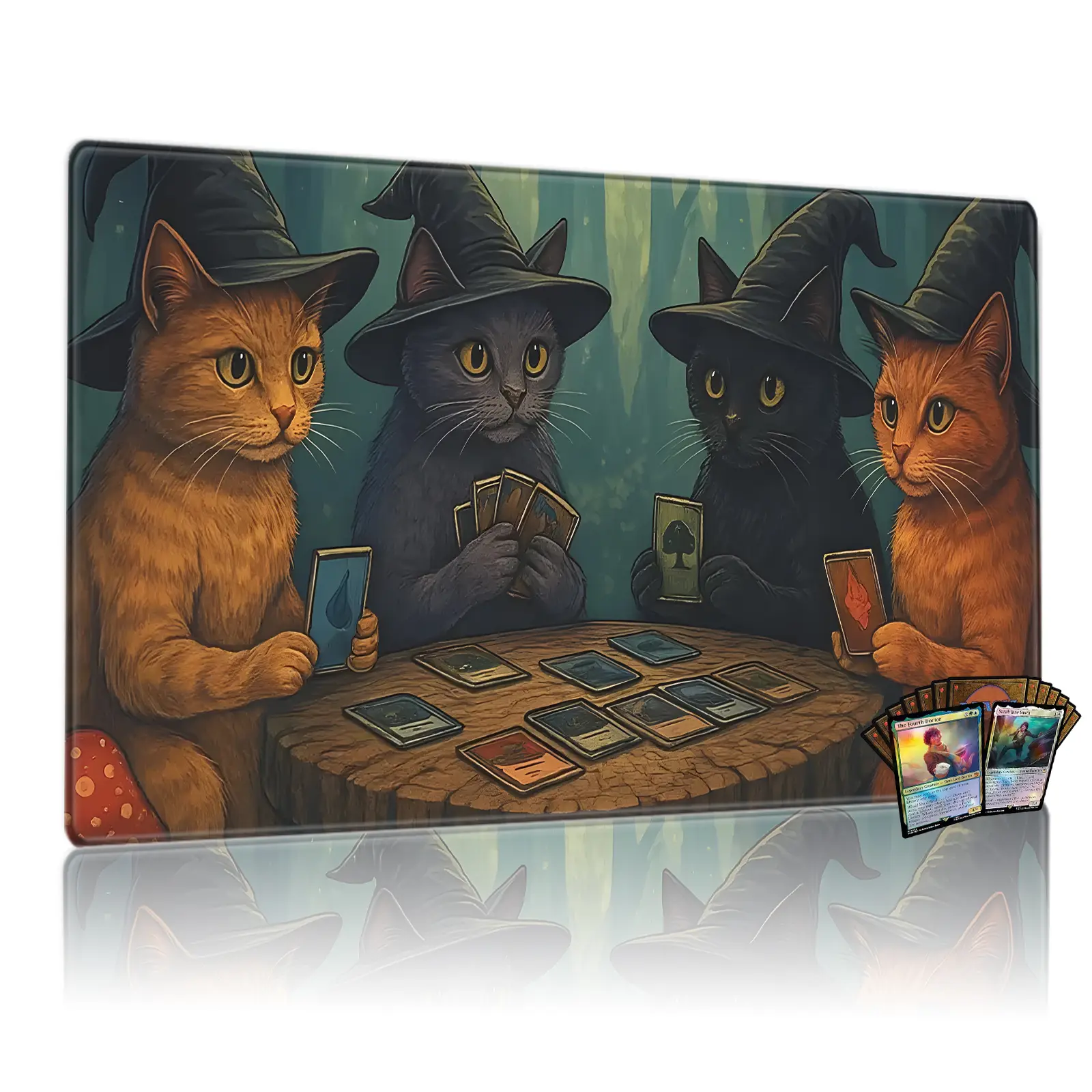 Whimsical Wizard Cats Playing Cards Playmat, 24x14 Inch Tcg & Board Game Mat, Fantasy Art Design, Perfect Gift for Card Collectors, Gaming Mousepad, Mouse Pad Cute, Gaming Mouse Pads