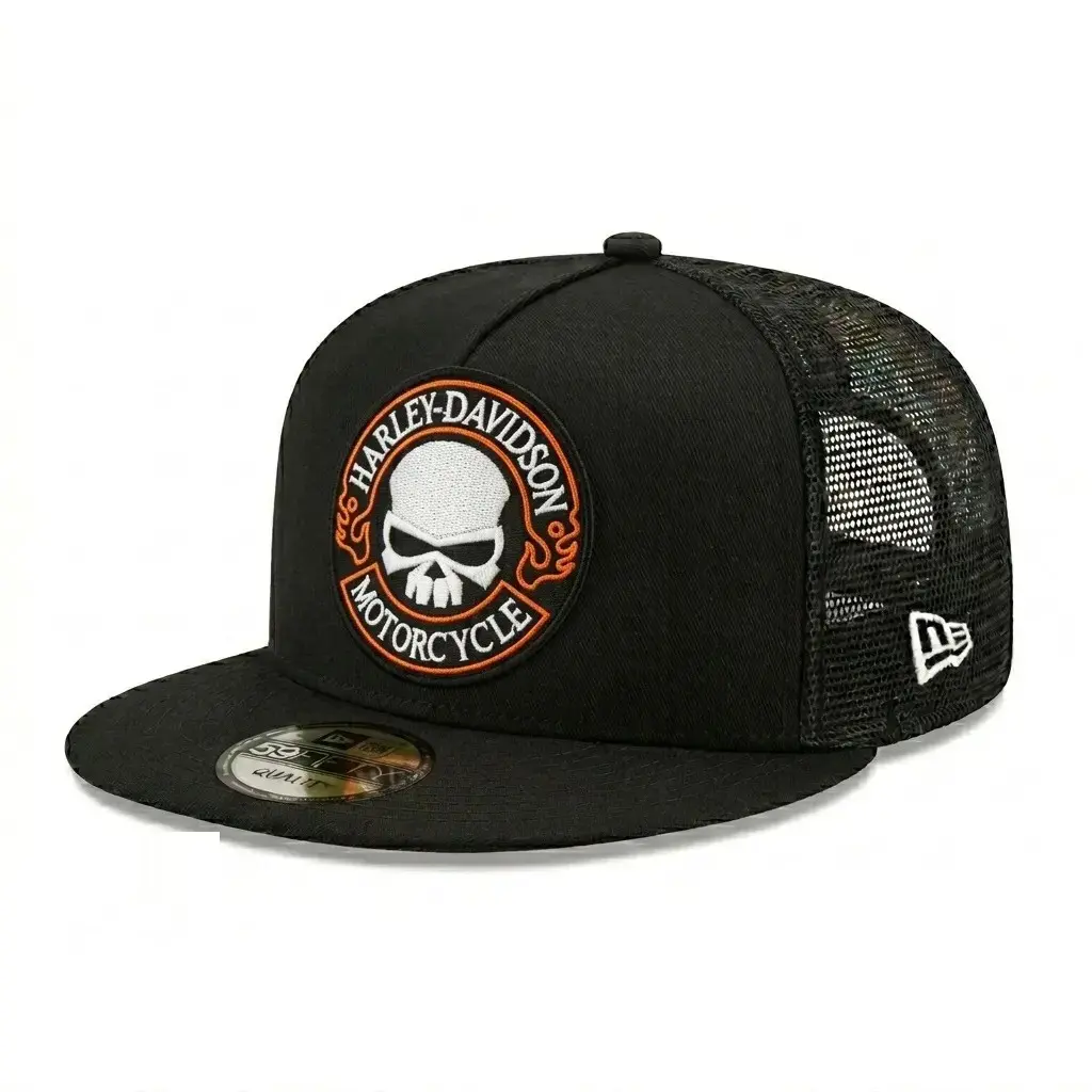 Vintage Motorcycle Skull Shield and Racing Badge Patch Variants Embroidered Trucker Hat, Black Mesh Flat Brim Snapback Cap, Adjustable Biker Streetwear Riding Hat for Men Women, Classic Moto Style Outdoor Gift for Riders, Collectors and Adventure Fans