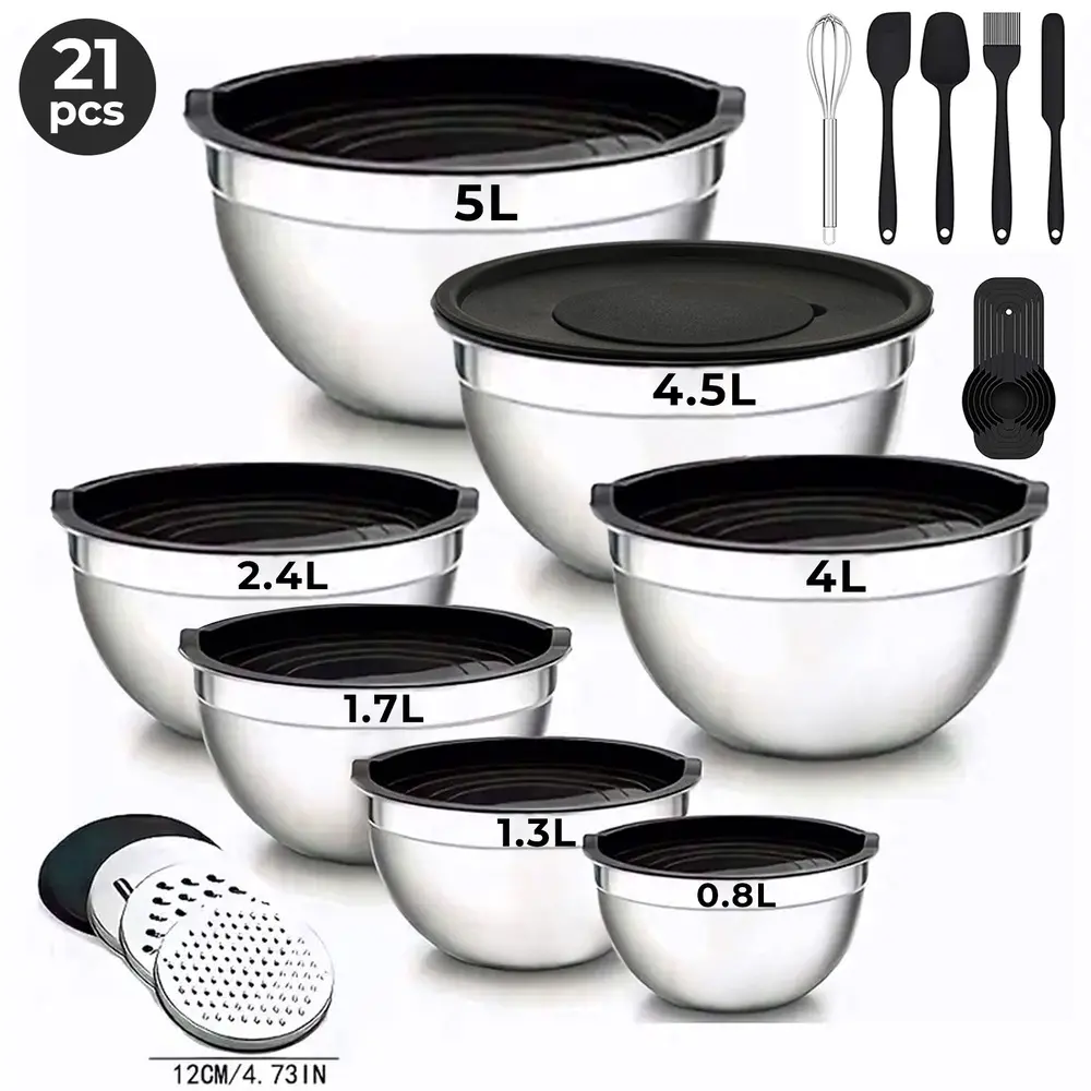 Mixing Bowls With Airtight Lids Anti-Leak Sealed Nesting Bowl Set, Non-Scratch Food-Grade Steel, All-In-One Tableware for Meal Prep & Dessert Mixing