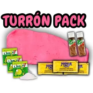 Turron Pack – 4oz Mexican Pink Candy (Vacuum Sealed) with Chamoy, Limon 7 & Tajín – Sweet & Tangy Traditional Snack Kit