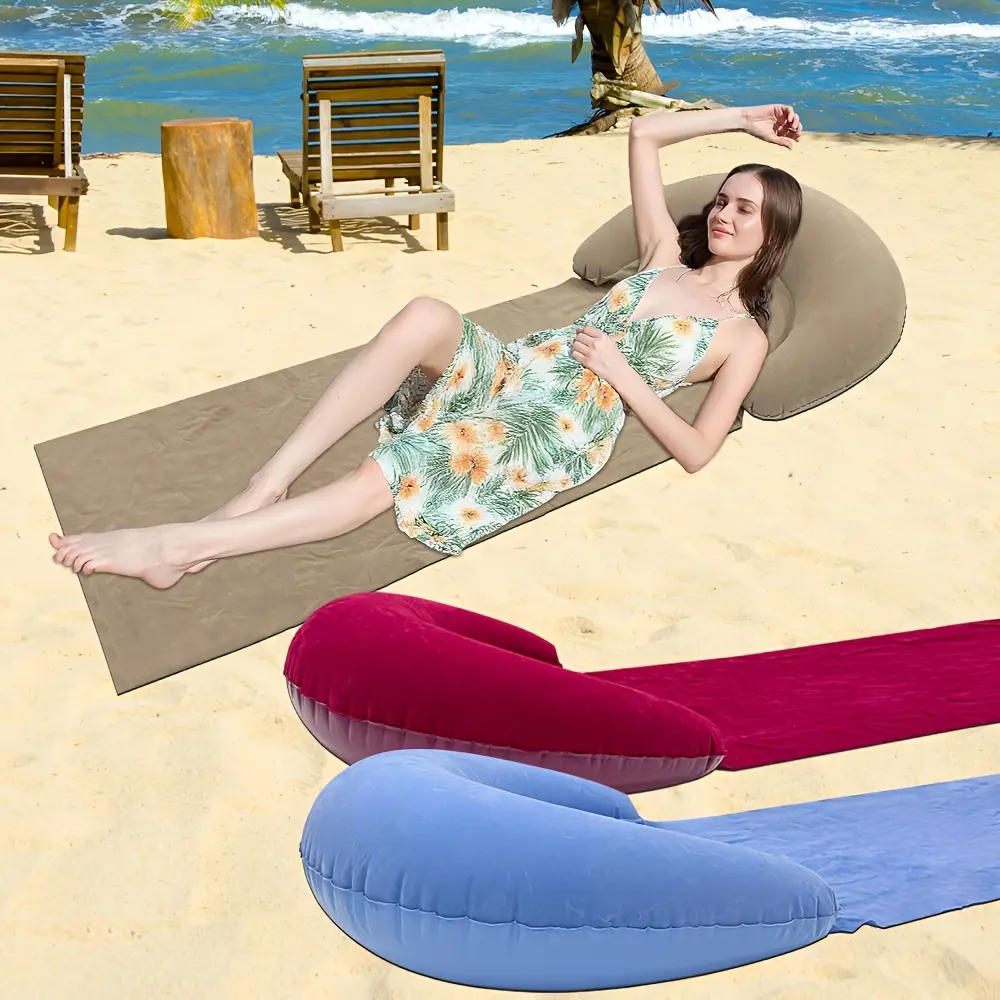 1pc Beach Mat with Inflatable Headrest, Outdoor Mat, Sand-Proof, Suitable for Outdoor Camping and Picnics, Placemats, Single Person Sleeping Pad, Foldable Portable Moisture-Proof Mat, Sunbathing Mat