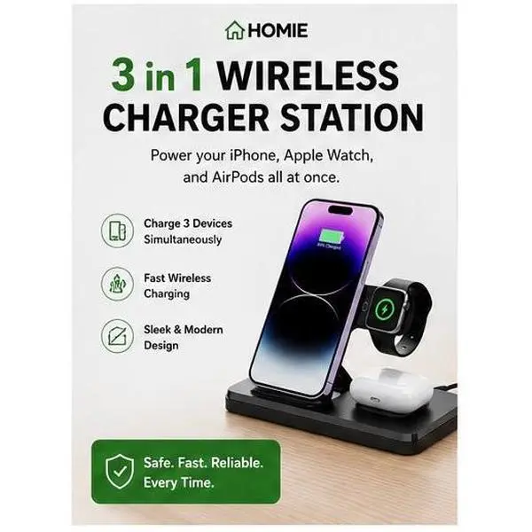 Homie ChargeHub 3-Way Fast Charging Station - Compact Desktop 3-Device Max Portable Wireless Charger Cables, Foldable Wireless Multi-Device Charging Dock for Smartphones, Foldable Dock, Chargehub 3-In-1