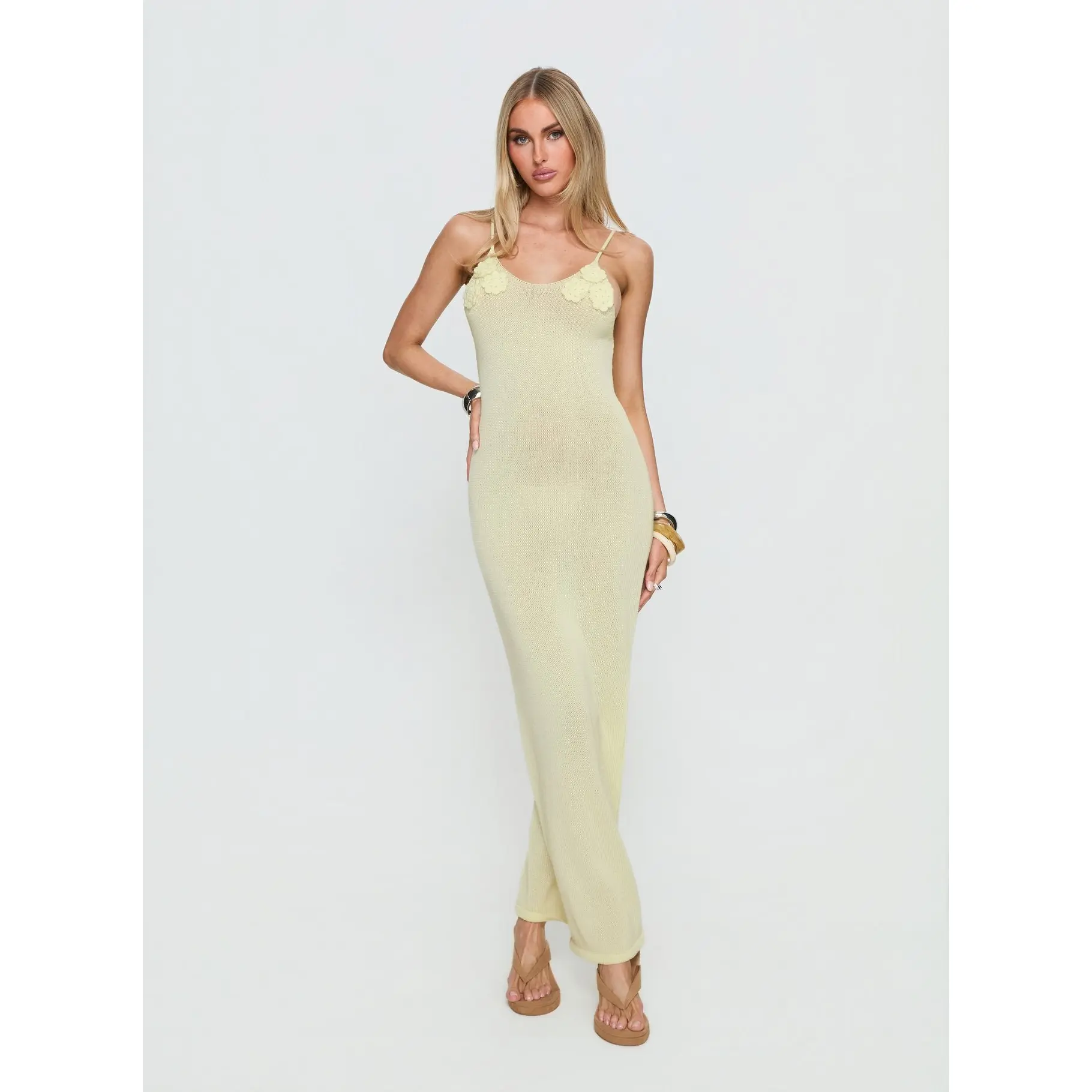 Cinderella Knit Floral Detail Maxi Dress Lemon Yellow