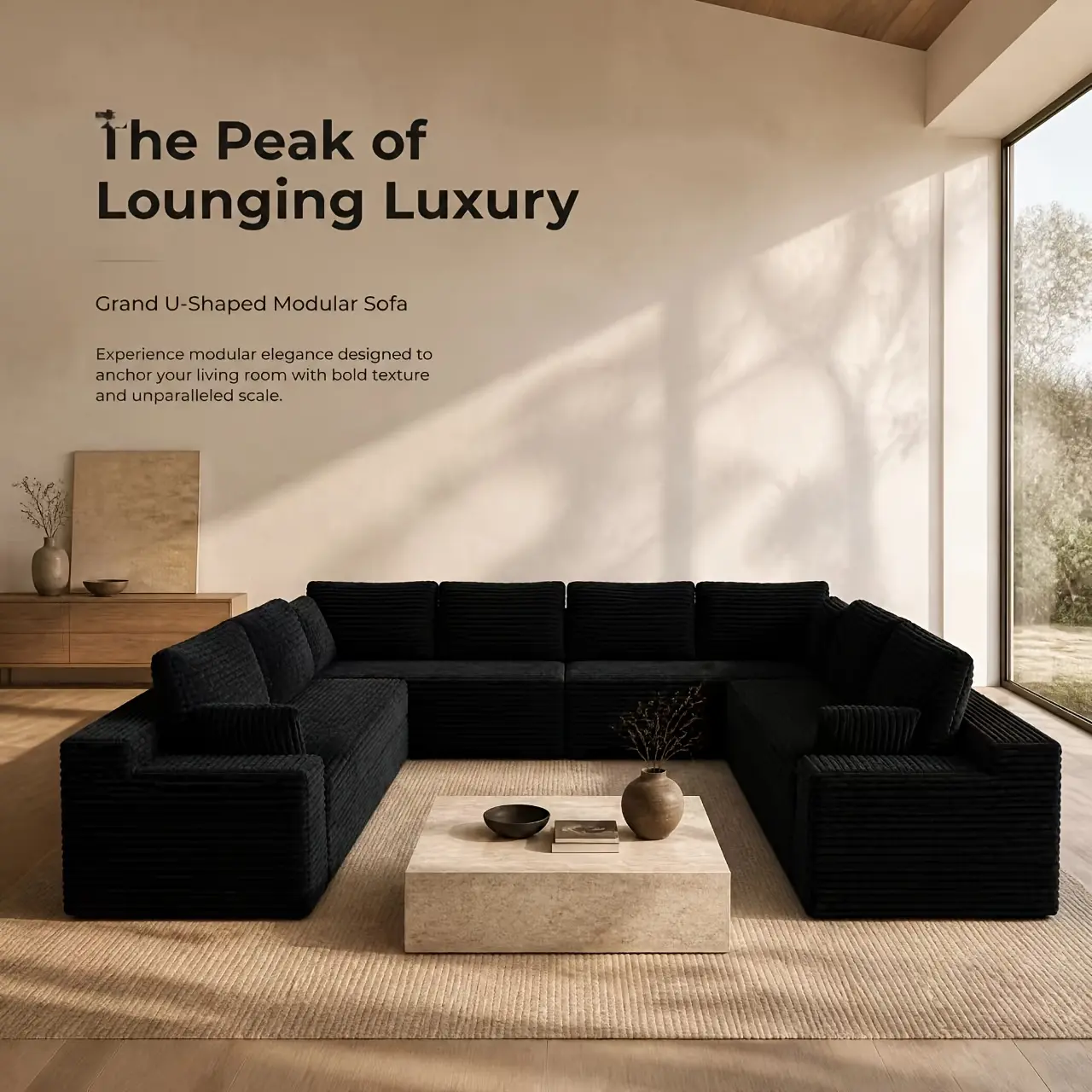 Large U-Shaped Modular Home Theater Seating, Soft Corduroy Deep Seat Sectional Couch, Detachable Block Sofa for Media Room Family Movie Night