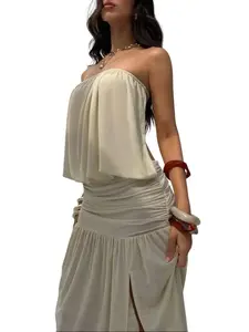 KINLANMAN Women's New Apricot Strapless Backless Pleated Minimal Design Long Dress Flowy See-Through Ladies For Spring & Summer Beach Vacation Outfits