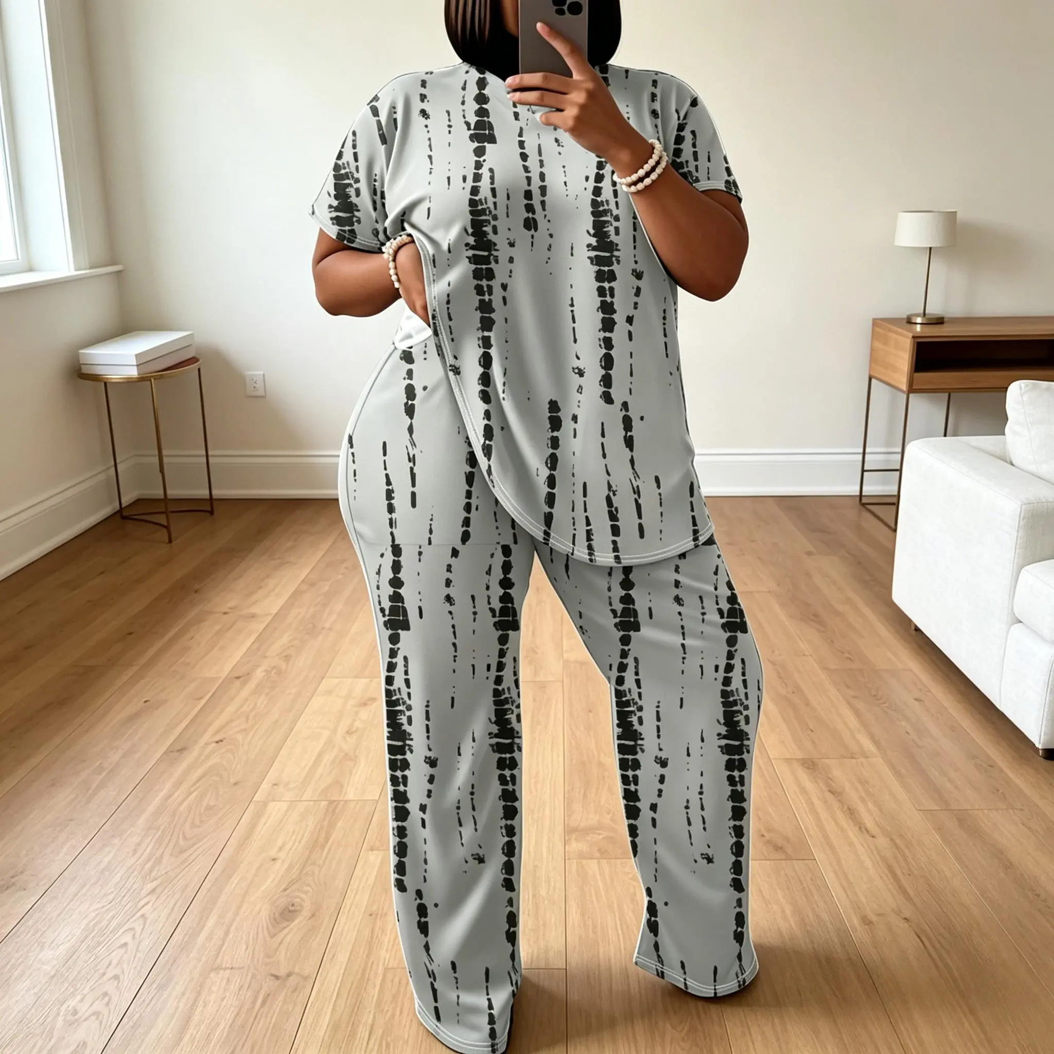 Women's Plus Size 2-Piece Casual Loungewear Set - Tie-Dye Gray Ink Splatter Striped Crew Neck Short Sleeve Top & Stretchy Pants, Polyester Fabric, Lightweight, Soft Comfortable, Black White Street Style, Day Wear, TikTok Fashion Must-Have, Trendy Style, E