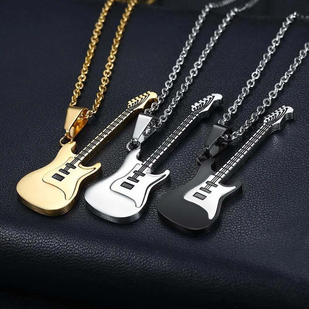 1Pc Unisex Punk Hip-Hop Stainless Steel Guitar Pendant Necklace - Elegant Light Luxury Design, Stainless Steel Jewelry for Men's Daily Wear or Anniversary Gifts, Music-Loving Enthusiasts, Yes, Silvery