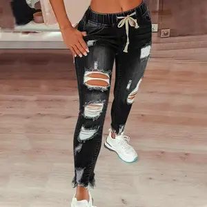 Women's trendy high waist ripped elastic waist drawstring jeans riden jeans  jeans Pants Denim