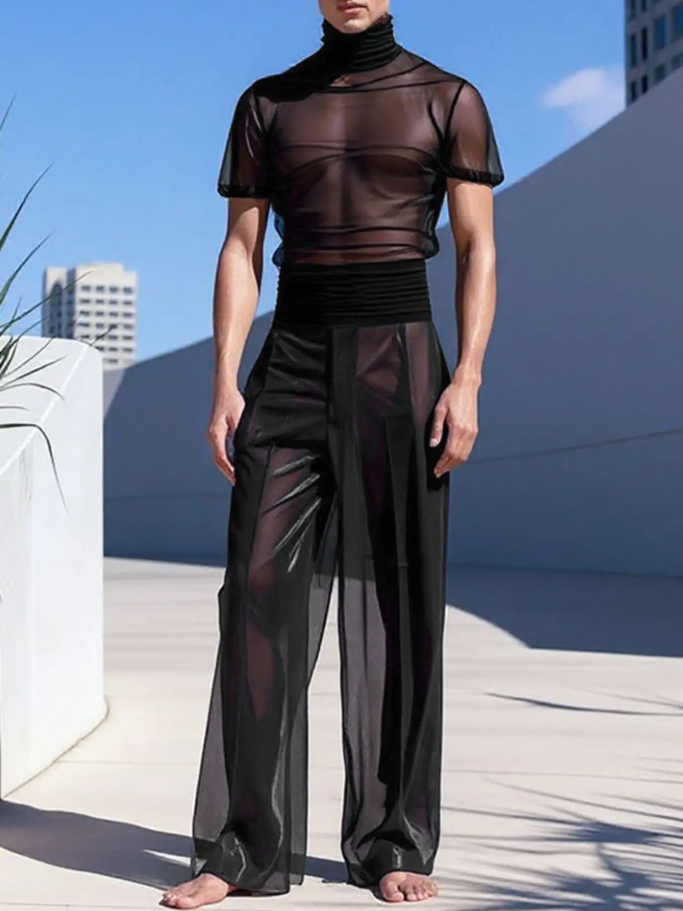 INCERUNSHOP Men's Sexy Solid Color Polyester Fabric Sheer Short Top + Long Pants Set, Perfect Party, Stylish Two-Piece Suit for Men, Trendy Menswear Fashion Wear Clothes