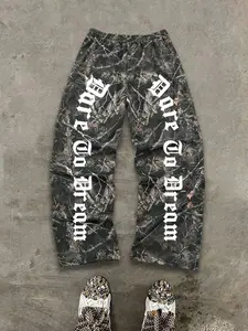 Men's Casual Camo Long Pants, Camouflage Print Pants, Loose-Fit Drawstring Wide Leg Joggers, Letter Print, All-Season Wearable Men's Clothing