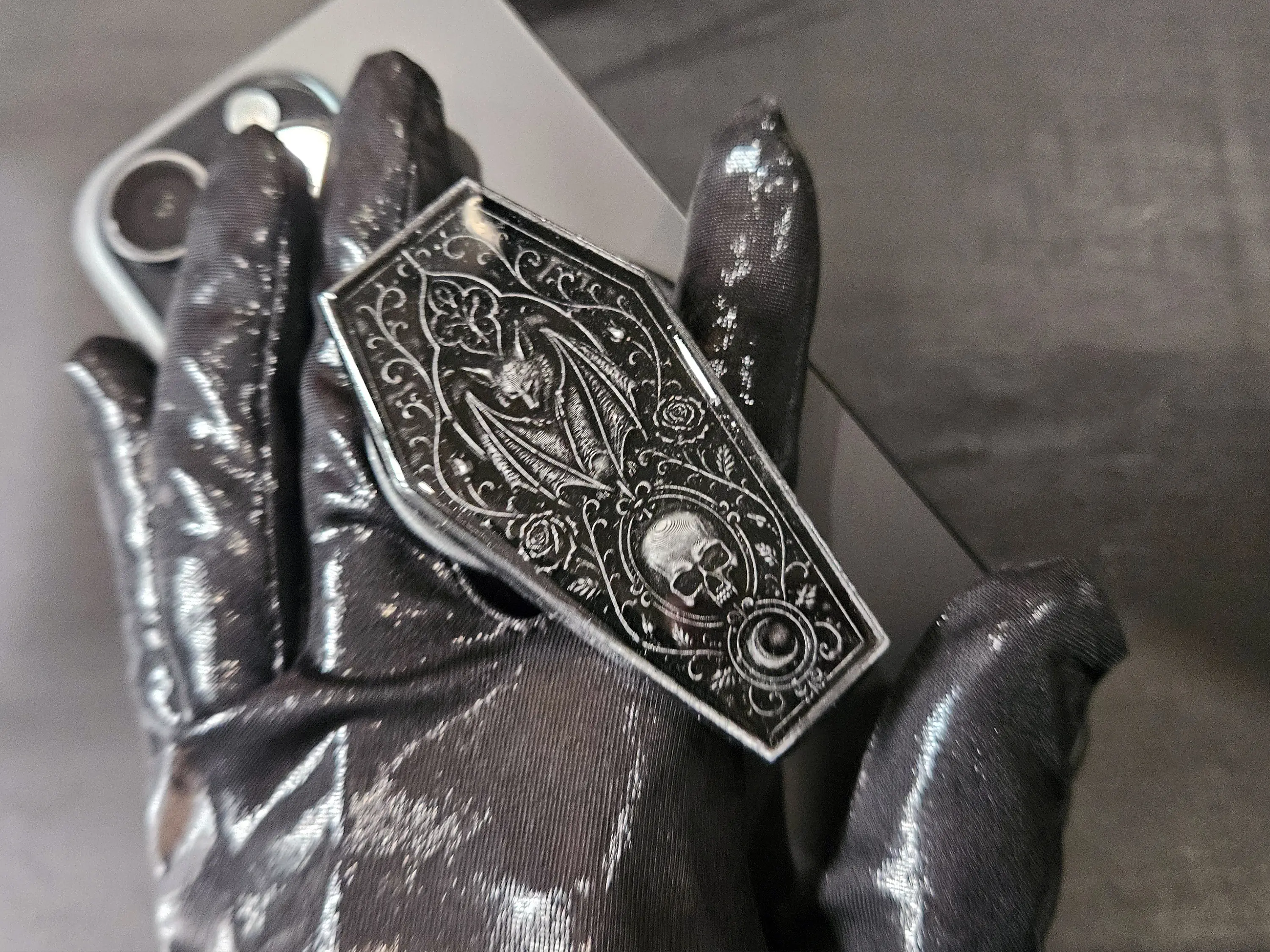The Midnight Reliquary – Coffin Bat, Vampire Skull, and Crescent Moon Phone MagSafe Grip | Hand-Painted 3D Resin Relief