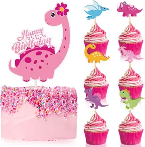 37 Pieces Pink Dinosaur Cake Toppers for Girls Dinosaur Cupcake Toppers Girls Birthday Party Decorations Colorful Cake Decorations for Kids Birthday Girl Baby Shower Party Supplies