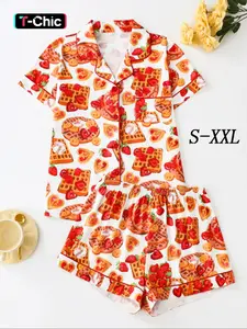 Women's All Over Print Shirt & Shorts Pyjama, Casual Comfy Short Sleeve Top & Shorts Pj Set, Ladies Sleepwear for Summer, Loungewear, Fruit Print Pajama, Womenswear
