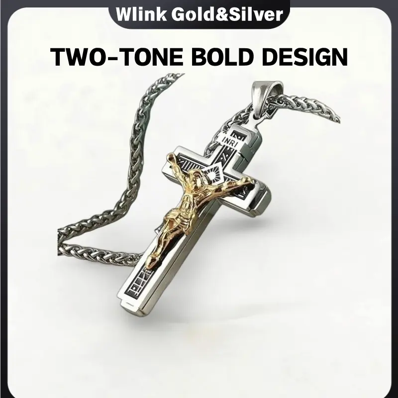 2-Tone Gold-Silver INRI Crucifix Cross Necklace, Stainless Steel 3D Jesus Pendant with 23.62in Wheat Chain, Anti-Tarnish Skin-Friendly Spiritual Faith Jewelry Gift, Smooth No Hair-Pulling Christian Statement Necklace, Cross Necklaces, Crucifix Necklaces