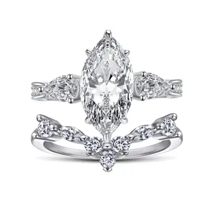 VOWSERING Luxury Wedding Ring Set for Women 1.5CT Marquise AAAAA CZ 925 Sterling Silver White Gold Plated Engagement Ring
