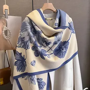 Women's Polyester Rectangular Shawl - Luxury Floral Plant Print Scarf, Thick Warm Winter Neck Wrap, Soft Durable Textured Fabric, Orange/Green/Blue, Casual & Formal Wear, Outdoor Warmth