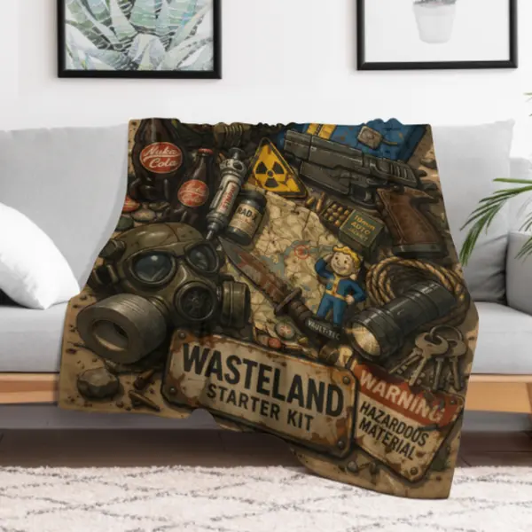 Fallout Themed Flannel Blanket Throw - 30*40in(80*100cm) Wasteland Starter Kit Collage Print, Breathable, Lightweight, Durable, Decorative Sofa Blanket, Halloween Decor, Outdoor Shawl