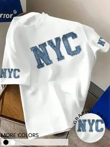 1 Pc Unisex NYC Denim Patch Print T-shirt, Casual Crew Neck Short Sleeve Tee, Streetwear Top For Daily Casual, Campus & Street Outfits